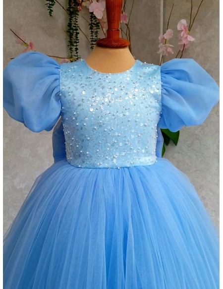 Blue Flowy Long Tulle Children Formal Dress with Bubble Sleeves