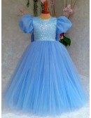 Blue Flowy Long Tulle Children Formal Dress with Bubble Sleeves