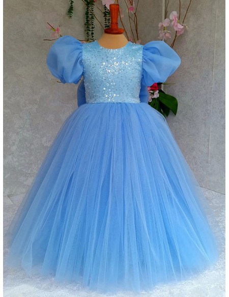 Blue Flowy Long Tulle Children Formal Dress with Bubble Sleeves