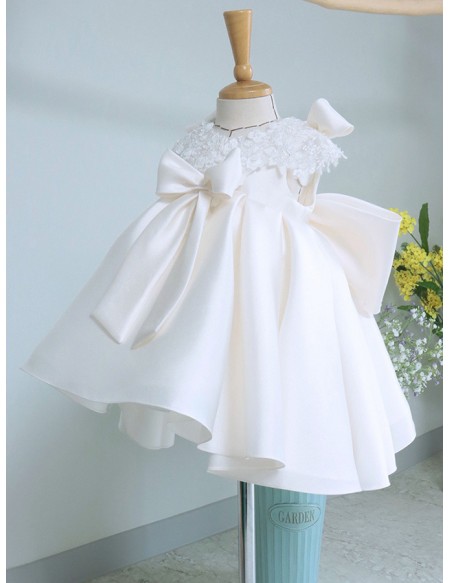 Beaded Lace Cap Sleeved Satin Toddler Flower Girl Dress