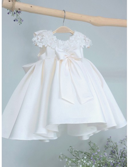 Beaded Lace Cap Sleeved Satin Toddler Flower Girl Dress