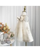 Metallic Champagne Girls Party Dress with Big Bow In Back