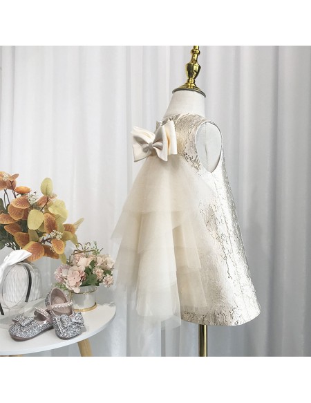 Metallic Champagne Girls Party Dress with Big Bow In Back