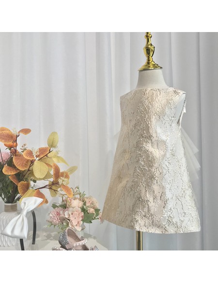 Metallic Champagne Girls Party Dress with Big Bow In Back