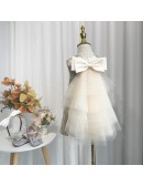Metallic Champagne Girls Party Dress with Big Bow In Back
