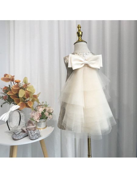 Metallic Champagne Girls Party Dress with Big Bow In Back