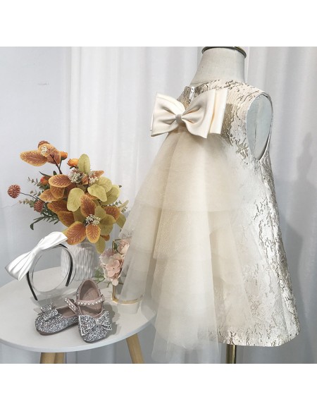 Metallic Champagne Girls Party Dress with Big Bow In Back