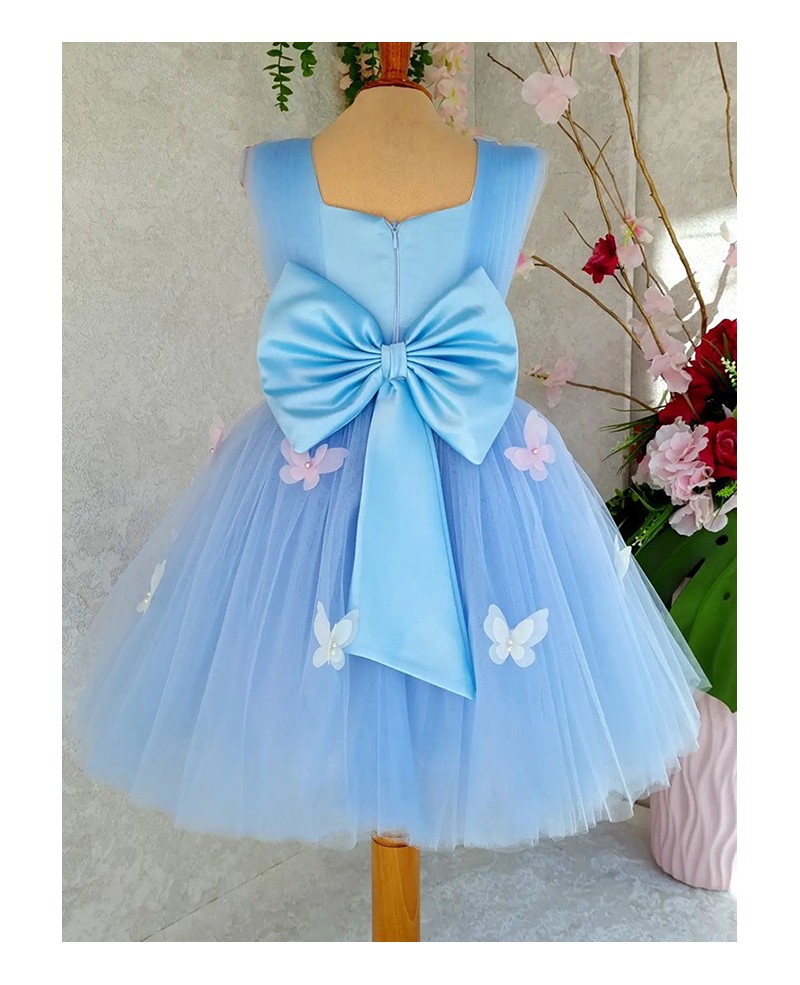 Lovely Blue Tulle Butterflies Girls Party Dress Square Neckline TB4096 