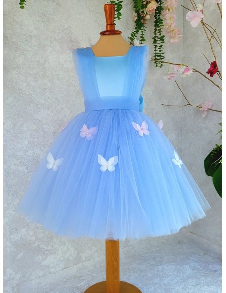 Lovely Blue Tulle Butterflies Girls Party Dress Square Neckline TB4096 