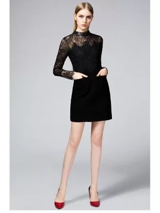 Vogue Little Black Short Dress with Long Lace Sleeves