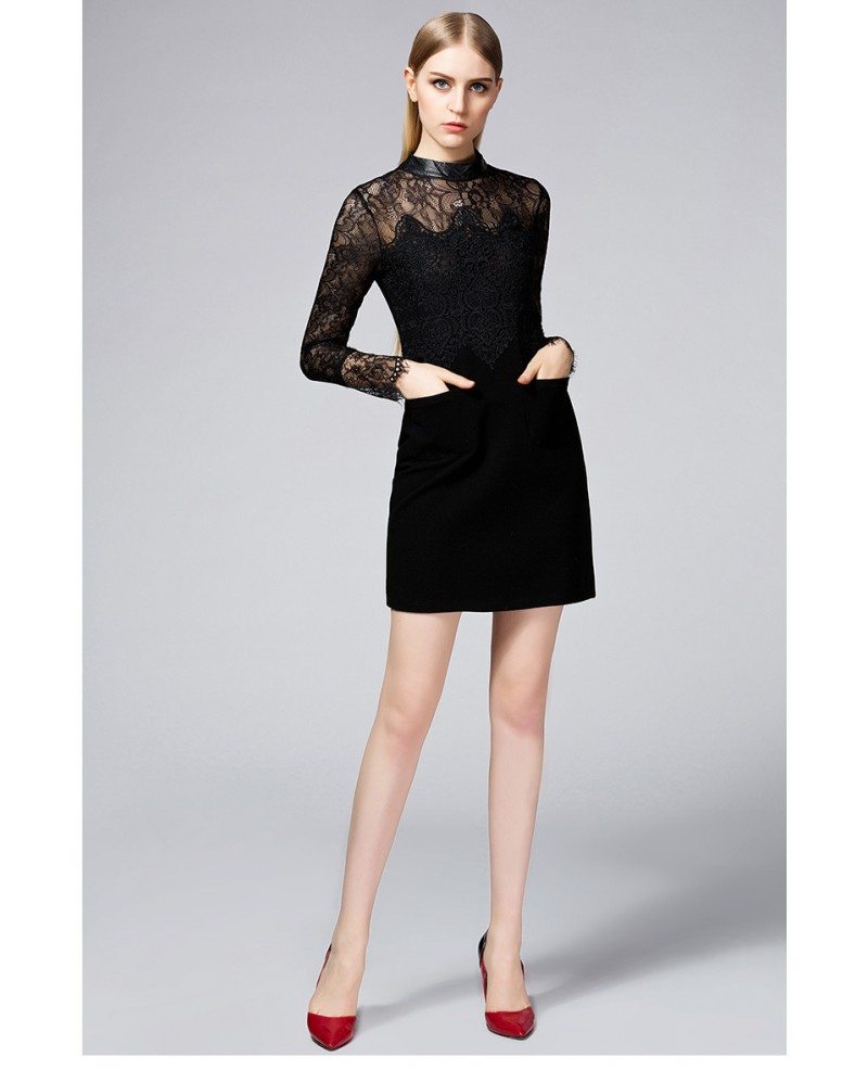 Vogue Little Black Short Dress with Long Lace Sleeves -GemGrace