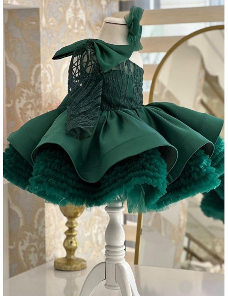 Stunning Puffy Green Girls Party Dress with One Sleeve