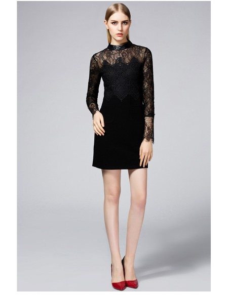 Vogue Little Black Short Dress with Long Lace Sleeves -GemGrace