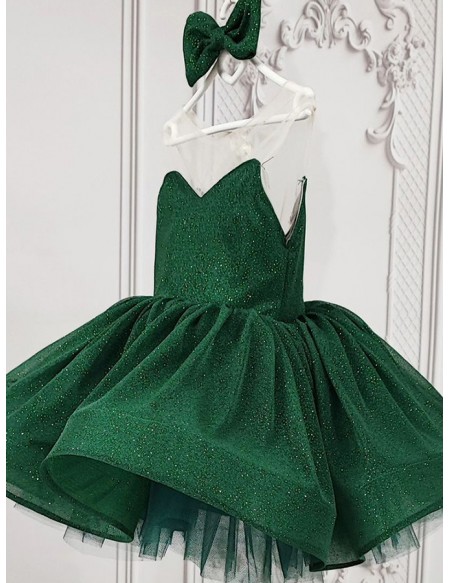 Dark Green Ruffled Illusion Sweetheart Girls Party Dress