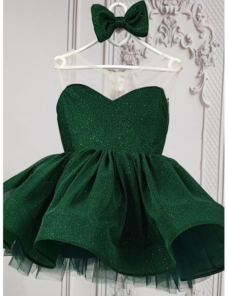 Dark Green Ruffled Illusion Sweetheart Girls Party Dress
