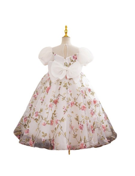 Lovely Floral Prints Children Party Dress with Bubble Sleeves