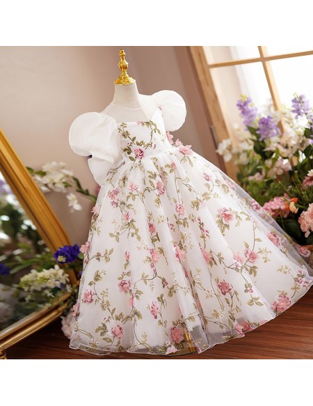 Lovely Floral Prints Children Party Dress with Bubble Sleeves