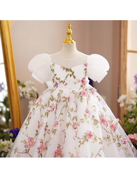 Lovely Floral Prints Children Party Dress with Bubble Sleeves