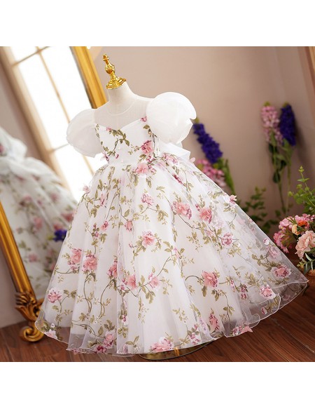 Lovely Floral Prints Children Party Dress with Bubble Sleeves