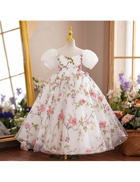 Lovely Floral Prints Children Party Dress with Bubble Sleeves