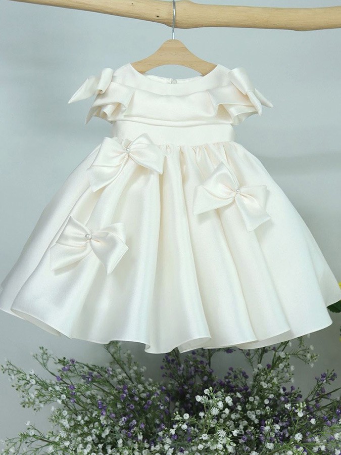 Bow Straps V-Neck Satin Knee-Length Flower Girl Dress Pearl Pink main image 1