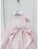Pink Lace Beaded Neckline Flower Girl Dress with Bow