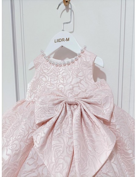 Pink Lace Beaded Neckline Flower Girl Dress with Bow