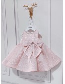 Pink Lace Beaded Neckline Flower Girl Dress with Bow
