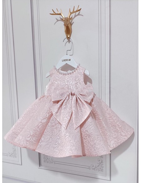 Pink Lace Beaded Neckline Flower Girl Dress with Bow