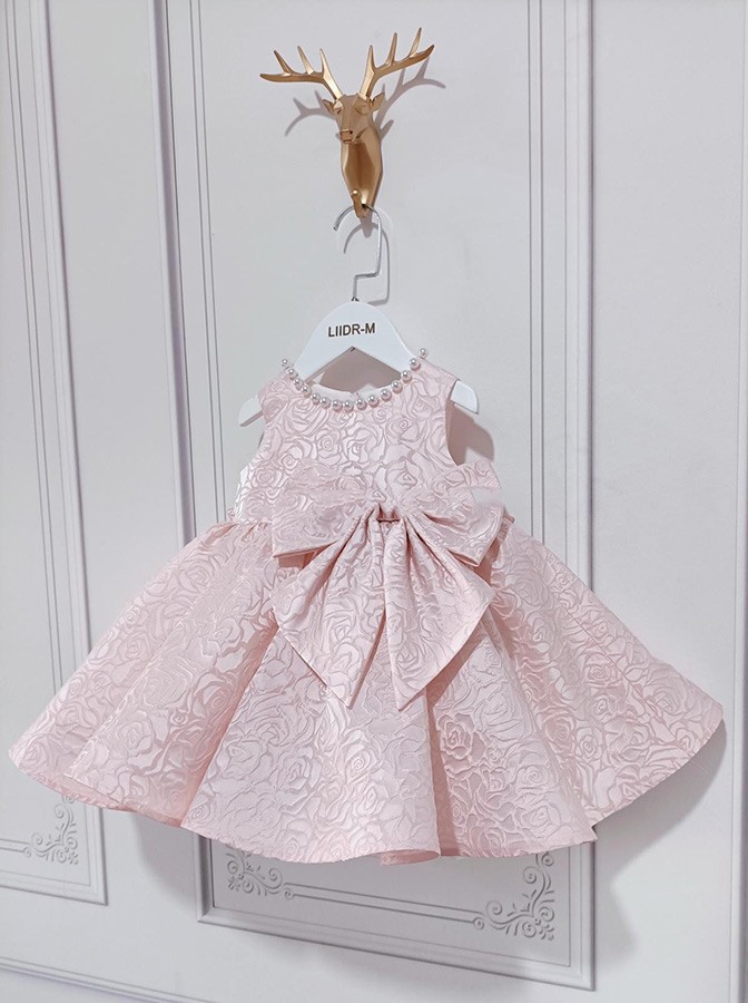 Elegant Rose Pink Long Dress For Girls With Patchwork And Oversized Bow For Spring