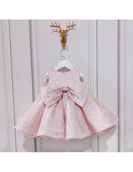 Pink Lace Beaded Neckline Flower Girl Dress with Bow