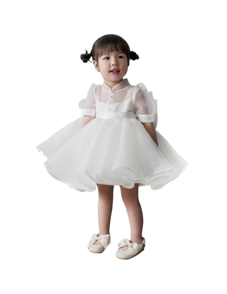 Super Cute Ruffled Toddler Flower Girl Dress with Bubble Sleeves