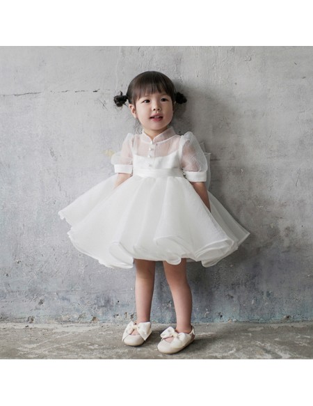 Super Cute Ruffled Toddler Flower Girl Dress with Bubble Sleeves