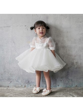 Super Cute Ruffled Toddler Flower Girl Dress with Bubble Sleeves
