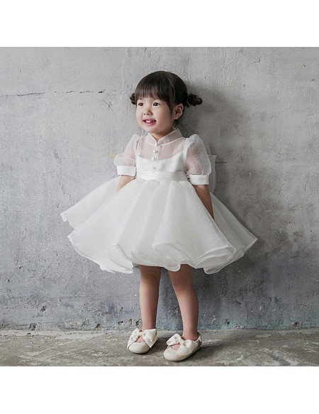 Super Cute Ruffled Toddler Flower Girl Dress with Bubble Sleeves