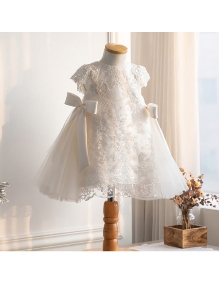 Super Cute Lace Tulle Toddler Flower Girl Dress with Cap Sleeves