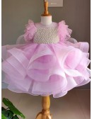 Pink Ruffled Tulle Beaded Girls Formal Dress