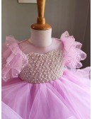 Pink Ruffled Tulle Beaded Girls Formal Dress