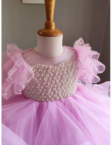 Pink Ruffled Tulle Beaded Girls Formal Dress