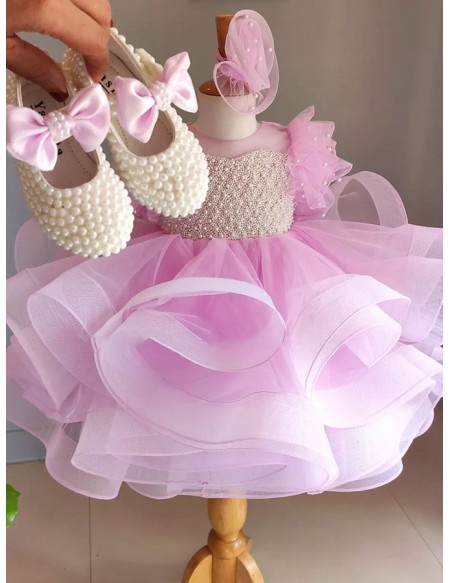 Pink Ruffled Tulle Beaded Girls Formal Dress