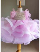 Pink Ruffled Tulle Beaded Girls Formal Dress
