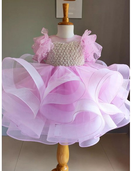 Pink Ruffled Tulle Beaded Girls Formal Dress