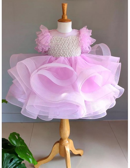 Pink Ruffled Tulle Beaded Girls Formal Dress