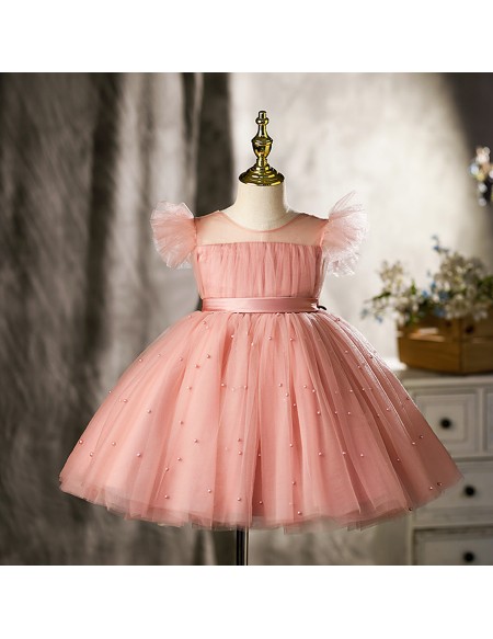 Pink Tulle Beaded Girls Birthday Party Dress