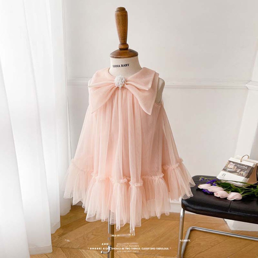 Boutique Pink O-Neck Nail Bead Tulle Kids Vacation Long Dresses Short Sleeve YS002 main image 1