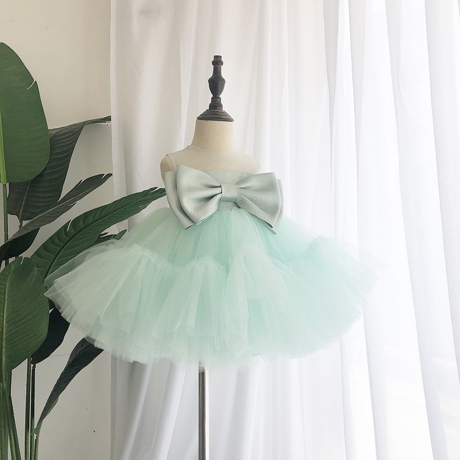White Sparkly Tulle Party Dress for Girls – Puffy Sleeves & Bow Detail