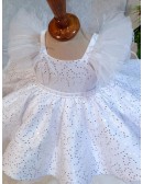 White Ballgown Sequined Flower Girl Dress with Puffy Sleeves