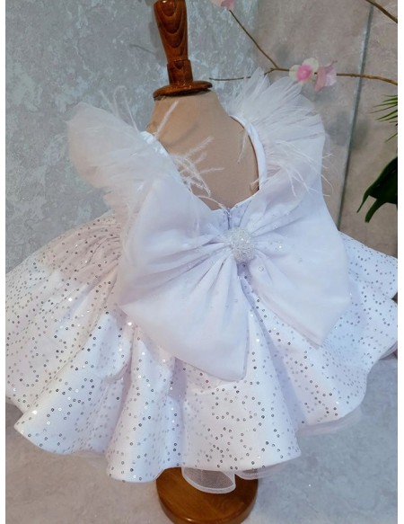 White Ballgown Sequined Flower Girl Dress with Puffy Sleeves