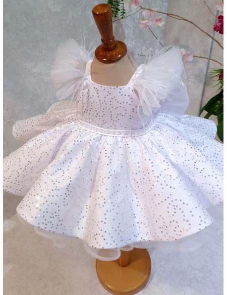 White Ballgown Sequined Flower Girl Dress with Puffy Sleeves