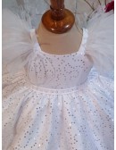 White Ballgown Sequined Flower Girl Dress with Puffy Sleeves